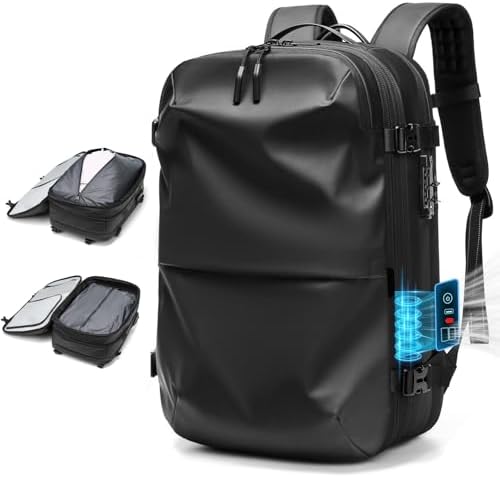 POIXM Vacuum Backpack with Build-in Pump, Compression Travel Vacpack with TSA Lock, Charging Port, fit 16" Laptop, Water Resistant, Carrry-on Luggage for Trip, Black, 60L