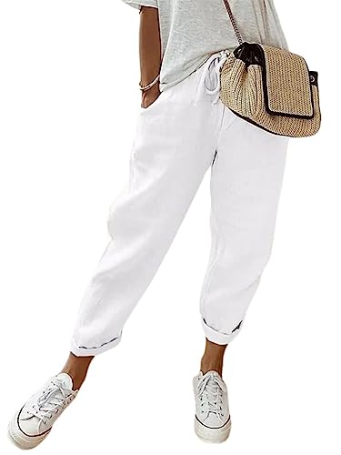 shownicer Pantalon en Coton et Lin pour Femmes Pantalon Décontracté Taille Haute à Taille élastique avec Cordon de Serrage Baggy Confortable Pantalon de...