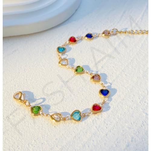 Gold Plated Heart Colorful Charm Bracelet, Clover Bracelet, 12 Synthetic Gemstones,Dainty Jewelry for Women, lightweight & comfortable, Use at Any Occasion,1 Count3