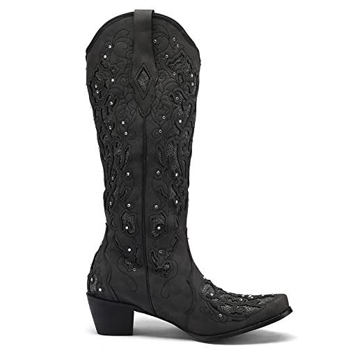 Sarairis S4RAIS00228-BLACK-37 Cowboy Boots For Women Cowgirl Western Boots Chunky Heel Pointed Toe Pull On Rhinestones Embroidered Knee High Mid Calf Boots thumb #3
