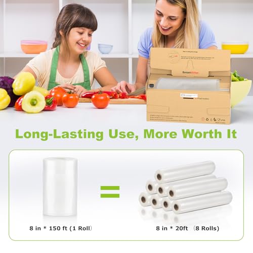 Image of Bonsenkitchen 7.8 inch x 150' Food Vacuum Seal Roll Keeper with Cutter, Vacuum Sealer Bags Rolls for Food Storage, Commercial Grade, BPA Free