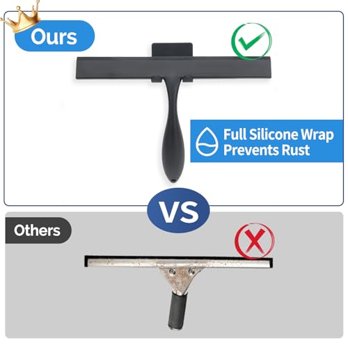 Image of FY&XZH Never Rust Silicone Shower Squeegee for Glass Doors with Hook, Bathroom Cleaner Tool, Household Window and Mirror Squeegee, Ergonomic Thick Handle Squeegee for Shower Glass, 11-Inch (Black)
