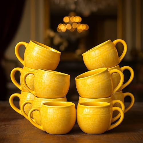 Image of D'Maiolica Yellow Kuliya Shape Tea Cups Set of 12 Microwave and Dishwasher Safe, Ceramic Small Tea /Chai /Coffee Cups Perfect for Every Occasion Capacity - 110 ml Each (Yellow, Pack of 12, Small)