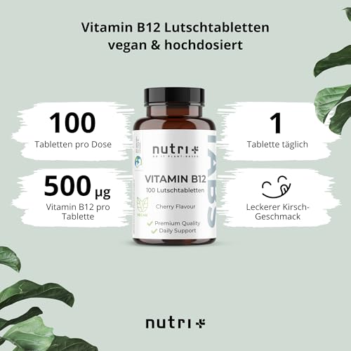 Nutri + Vitamin B12 Lutschtabletten 500µg (mcg) vegan & hochdosiert - aktives Methylcobalamin - 100 vegane Tabletten zum Lutschen - Geschmack Kirsche