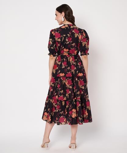 Image of PIDAVLIYA'S Women's Cotton Floral Printed Midi Dress | V-Neck Fit & Flare Dress with Puff Sleeves | Casual Summer Wear