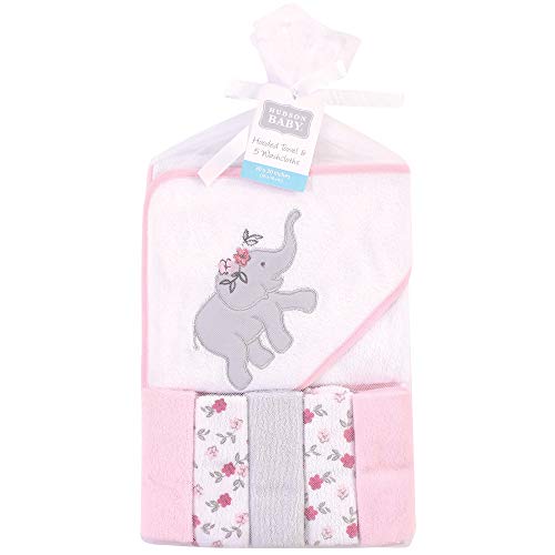Image of Hudson Baby Unisex Baby Hooded Towel and Five Washcloths, Floral Elephant, One Size