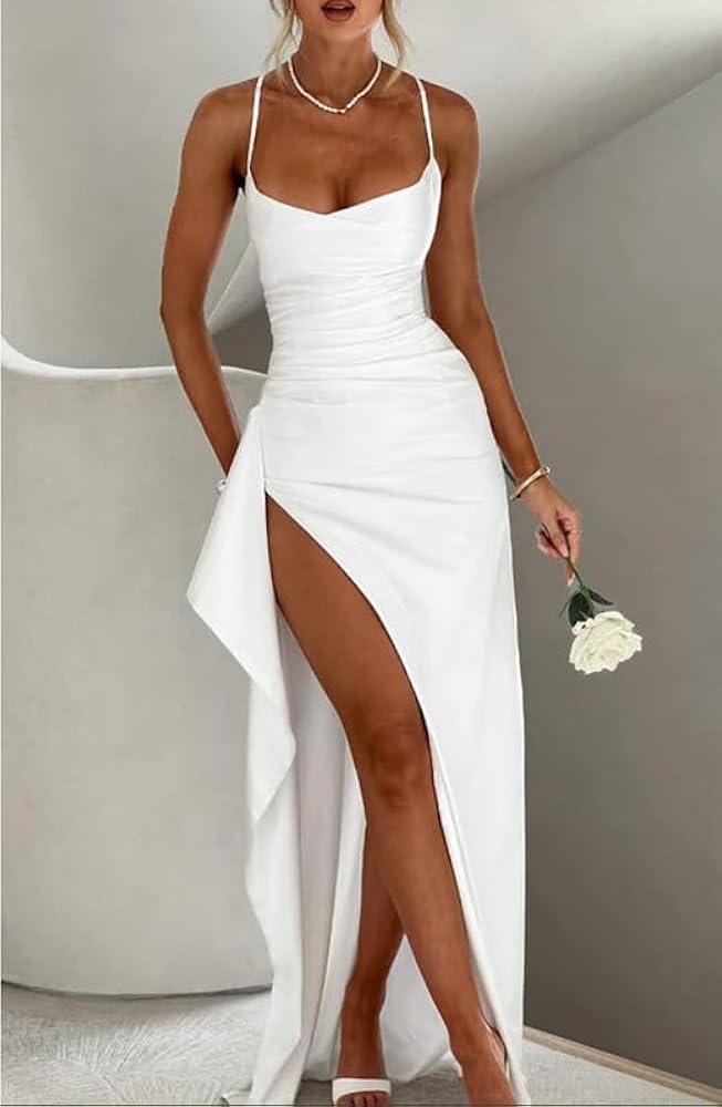 Mermaid Ruffle Prom Dresses Long Bodycon Maxi Spaghetti Strap Formal Gown  with Slit Black One Size at Amazon Women's Clothing store