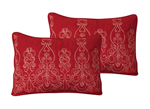 Marina Decoration Embroidered Stitching Coverlet Bedspread Ultra Soft Solid 3 Piece Summer Quilt Set With 2 Quilted Shams, Red Floral Color Queen/Full Size #TOP3