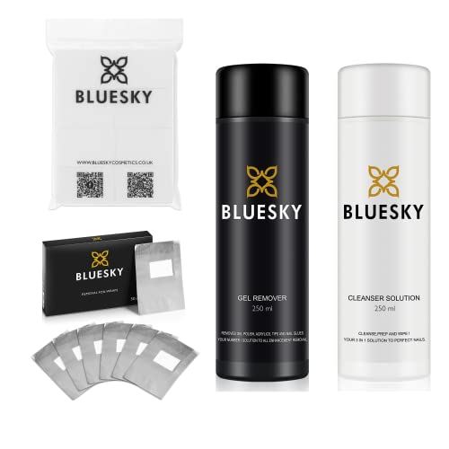Bluesky Gel Polish Prep, Wipe and Remove Kit. Acetone Gel Polish Remover 250ml, Foil Removal Wraps x 50, Cleanser 250ml + Lint Free Wipes x 100. Gel Nail Polish Removal, Prep and After care.