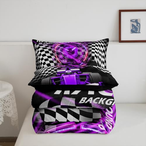 Image of Feelyou Kids Race Car Bedding Set Full Size, Purple Racing Car Comforter Set Boys Girls Karting Road Duvet Insert Teens Bedroom Decor with 2 Pillow Case