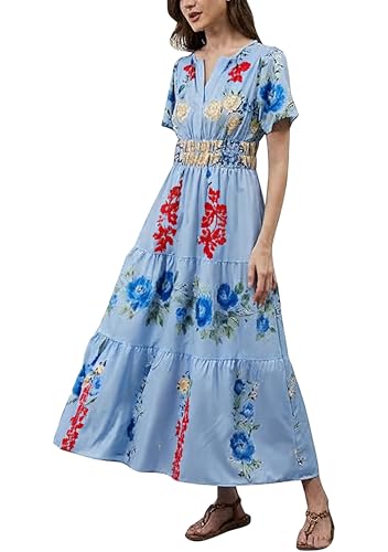 Women's Summer Boho Maxi Dresses Floral V Neck Tiered Short Sleeve Long Dress Flowy Beach Vacation Dress with Pockets