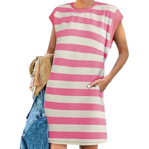 Vestido de Verano a Rayas para Mujer, Informal, cómodo, con Mangas Cortas, Color Block, Camiseta y Bolsillos