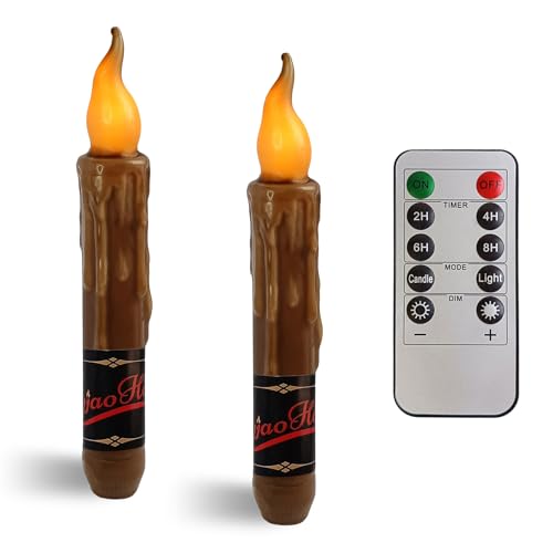 Image of Decor Real Wax LED Flameless Fall Short Taper Candles with Remote, 6.7 Inches Brown Candlesticks, Dripless Battery Operated Flame Rustic Primitive Flameless Lights Decor, Pack of 2