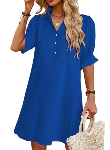 Image of Womens Summer Shirt Dress 2026 Casual Ruffle Short Sleeve Button Down Flowy Swing Shift Mini Dresses with Pockets