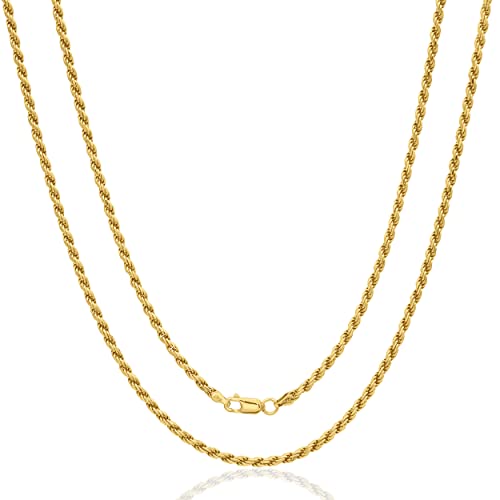 AKA Gioielli® - Collier Homme Femme en Argent Sterling Massif Plaqué Or Jaune - Chaîne Maille Corde 3mm - 50 cm de long