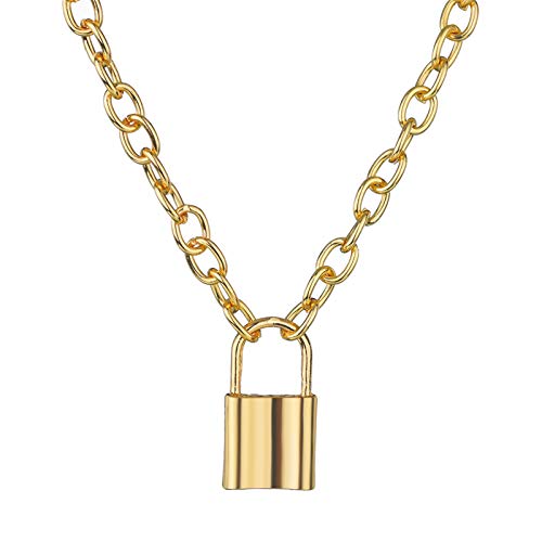 coadipress Lock Pendant Necklace Statement Gold Silver Plated Long Chain (Gold)