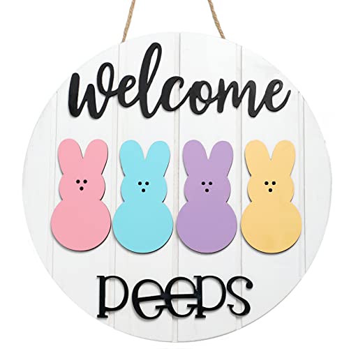 Easter Welcome Peeps Sign, Happy Easter Bunny Rabbit Door Sign, Spring Door hanger, Rustic Wood Wreath Sign for Easter Spring