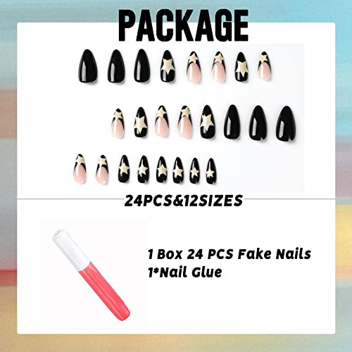 Imsohot Long Almond Press On Nails French Black Fake Nails Stiletto Star False Nails With Designs Y2K Glue On Nails Glossy Full Cover Acrylic Nails For Women 24Pcs #TOP4
