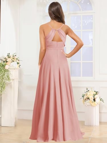Long Chiffon Bridesmaid Dresses Spaghetti Straps Cowl Neck Pleated Formal Evening Gowns with Slit2
