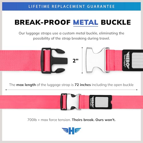 Image of Hero Luggage Straps for Suitcases and Carry-On (2-Pack) Heavy-Duty Secure Belts with 700+ lbs. Max Force Tension (Pink)