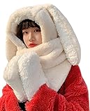 Women Cute Rabbit Ear Plush Beanie Cap Outdoor Fluffy Bunny Hat Scarf Set Indoor Warm Thick Fleece Animal Hoodie Beige