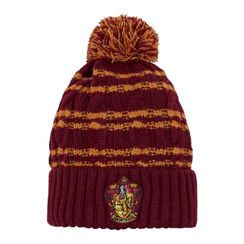 Harry Potter Gryffindor Knitted Hat - Cuffed Beanie Hat with Embroidered Crest & Pom Pom - Burgundy & Yellow Warm Winter Accessory for Fans & Collectors - Adults and Teens