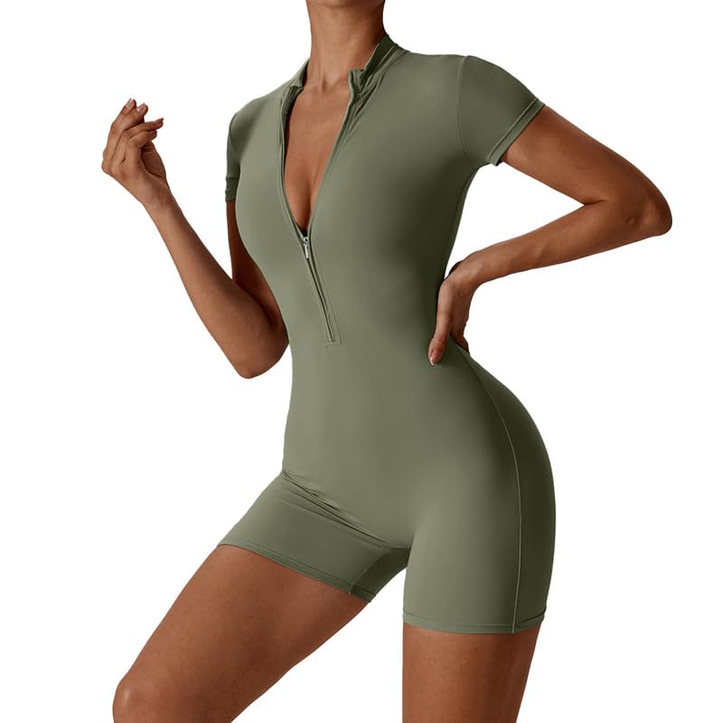 Litthing Mono Deportivo Mujer Corto Ropa Deportiva con Cremallera Elásticos Mangas Cortas Jumpsuit Sexy Ajustado Bodysuit Una Pieza Push Up Fitness Body Overol