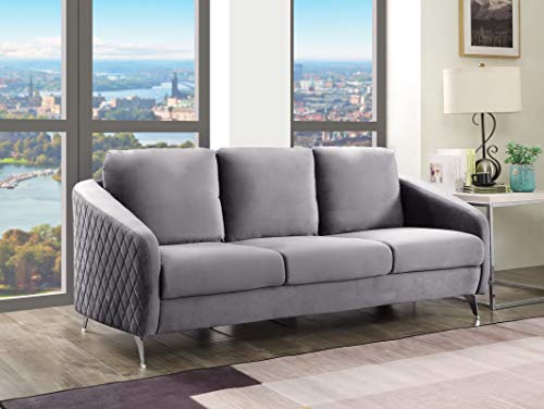 FEMICON Elegant Gray Velvet Modern Sofa Couch with Metal Legs, Diamond Stitching, for Living Room DÃ©cor