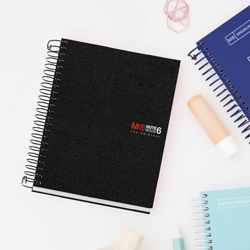 Image of Miquelrius - The Original A6 Notebook, 6 Coloured Stripes, Opaque Polypropylene Cover, Size 105 x 148 mm, No Drilling, 150 Sheets of 70 g /m, 5 mm Square, Black