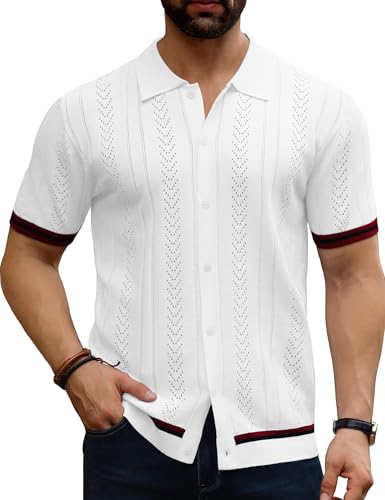 URRU Men's Knit Button Down Polo Shirt Short Sleeve Vintage Casual Summer Beach Tops