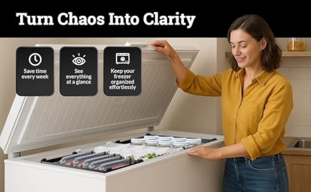 Deep Chest Freezer Organizer Bins ¨C 4-Pack Stackable Chest Freezer Baskets with Dividers, Metal Wire Storage for Frozen Meat, Food ¨C Fits 5¨C7 Cu Ft Deep Freezer, Kitchen Organization Set, Black, White