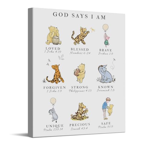 CYFDYVT Classic Winnie the Pooh Inspirational Quote Wall Art God Says I AM Biblical Affirmation Canvas Painting Pictures Wall Decor For Home Nursery Kids room Sign Artwork Ready to Hang 8x10 Inch