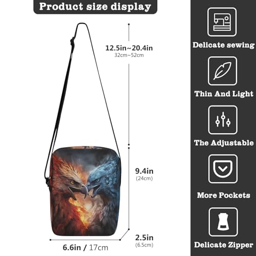 Crossbody Bag Blue Ice Fire Flame Bald Eagle Fight Messenger Bag for Women Men Purse Shoulder Bag Satchel Bag with Adjustable Strap 214A56393
