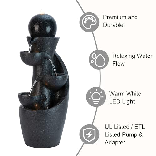 Image of Glitzhome Outdoor Water Fountain with LED Light & Pump, Modern 5-Tier Bowl and Sphere Polyresin Outdoor Fountain, 33.5 inch Cascading Waterfall Fountain Water Feature for Porch Deck Patio Backyard Decor