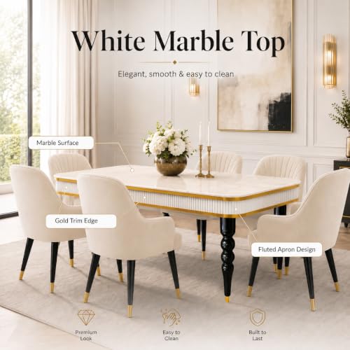 Image of 6-Seater Dining Table Set with Nano Composite Marble Top | Golden PVC Wooden Base | Includes 6 Fabric Upholstered Chairs | 2 Year Warranty | Dining Room Furniture Set for Home (Cream)