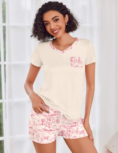 Image of Ekouaer Womens Pajama Sets Short Sleeve Pajamas for Women Sets Soft Lounge Sets Casual V Neck Sleepwear PJS