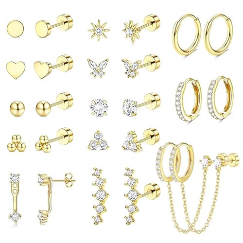 Hypoallergenic Flat Back Earrings for Women Gold Trendy Stacks Surgical Steel Stud Hoop Earrings Set For Multiple Piercing Tiny Stainless Steel Cartilage Screw Back Earrings Jewelry Gifts