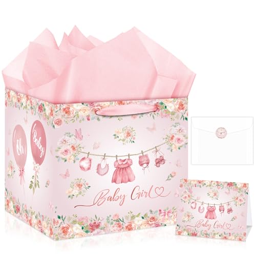 Extra Large Baby Girl Gift Bag Square Jumbo Pink Floral Baby Shower Bag for Girl with Wrapping Paper Card Sticker Envelope for New Baby Congratulations Gifts Newborn Party Favors Decorations