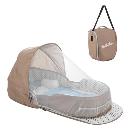 Image of Baby Travel Bassinet Portable Bassinets, Foldable Carry Bag Bassinet Travel Crib, Lightweight Baby Lounger Pod Infant Bed with 2-1 Mosquito & Canopy (Khaki)