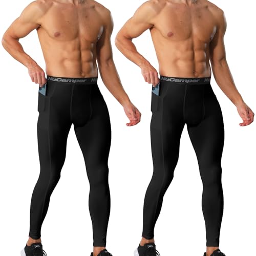 NuCamper Pantalones de Compresión para Hombre con Bolsillo Mallas Deportivos Secado Rápido Hombre Leggings Baselayer Tights para Correr Entrenamiento Bloncesto Gimnasio