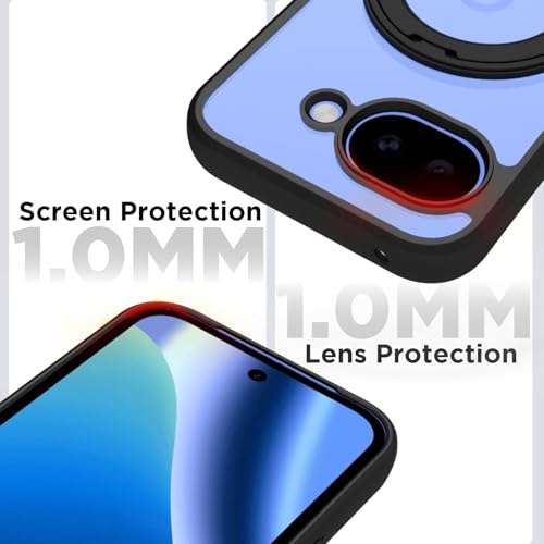 Image of RIGGEAR Shockproof Sleek Hybrid Armor 360 Rotating Magnetic Ring Stand Back Cover Case Compatible with MagSafe Accessories for Google Pixel 10a (Clear PC + Black TPU Bumper)