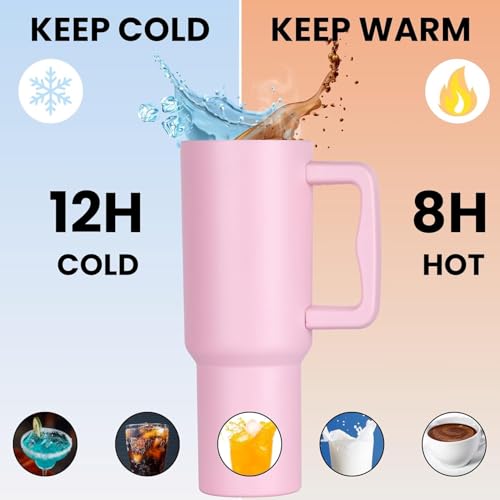 Image of WEZOSHINET 1200ml Stainless Steel Tumbler with Handle & Steel Straw | Double Wall Vacuum Insulated Mug | Spill Proof Lid | Beer & Cold Drink Travel Cup (40 - Oz - Pink)