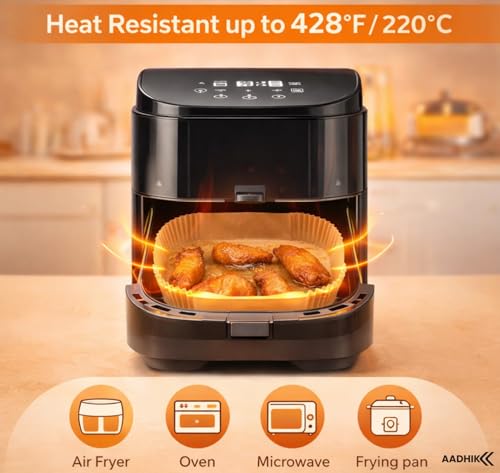 Image of AADHIK Air Fryer Paper Liners Parchment Baking Sheets | Disposable Cooking Tray Liners | Kitchen Accessories | 8 Inch Square Greaseproof Nonstick Paper | Heat Resistant Basket