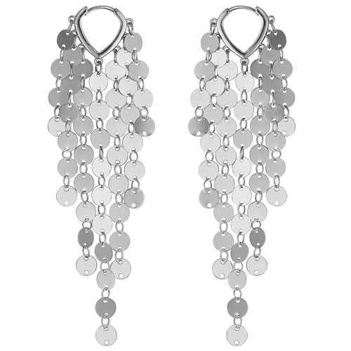 Sequin Metal Tassel Earrings Disc Tassel for Women 18K 14K Gold Plated Trendy Dainty Earrings Lightweight Sparkly Chandelier Hoops Small Leaf