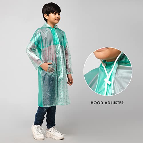 Image of THE CLOWNFISH Polyester Drench Dew Series Unisex Kids Waterproof Single Layer Pvc Standard Length Longcoat /Raincoat With Adjustable Hood.