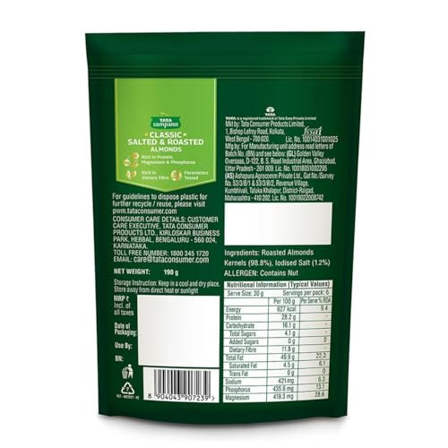 Image of Tata Sampann Classic Salted & Roasted Almonds /Badam, Flavourful & Crunchy Snack, Handpicked, Salted & Slow Roasted Almonds, Rich in Protein, Magnesium, and Phosphorus, No Artificial Colours, Preservatives & Flavours, 190g