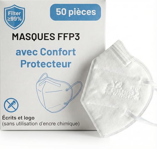 50 Masque FFP3 Certifiés CE, Masque 5 Couches Sans Valve, Masques de Protection Adulte contre les Poussières et les Particules, Masques de Protection Respiratoire Filtrant BFE≥99, 50 Pièces