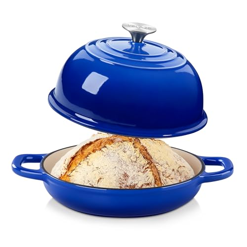 Velaze Emaille Schmortopf mit Deckel und Griffen, 4,8L Gusseisen Topf Brot Backen, 26 cm Brotbacktopf, Bräter Gusseisen, Dutch Oven für Küche Backen Bräter & Schmortöpfe (Blau)
