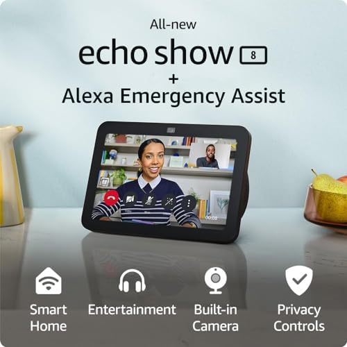 Echo Show 8 (2023 release), Charcoal, bundle with Alexa Emergency...