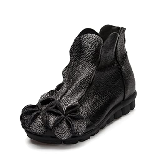 AUNTHUI Women's Leather Fleece Hand-Stitched Wedge Bohemian Flower Ankle Boots,Back Zipper Warm Non-Slip Retro Casual Shoes